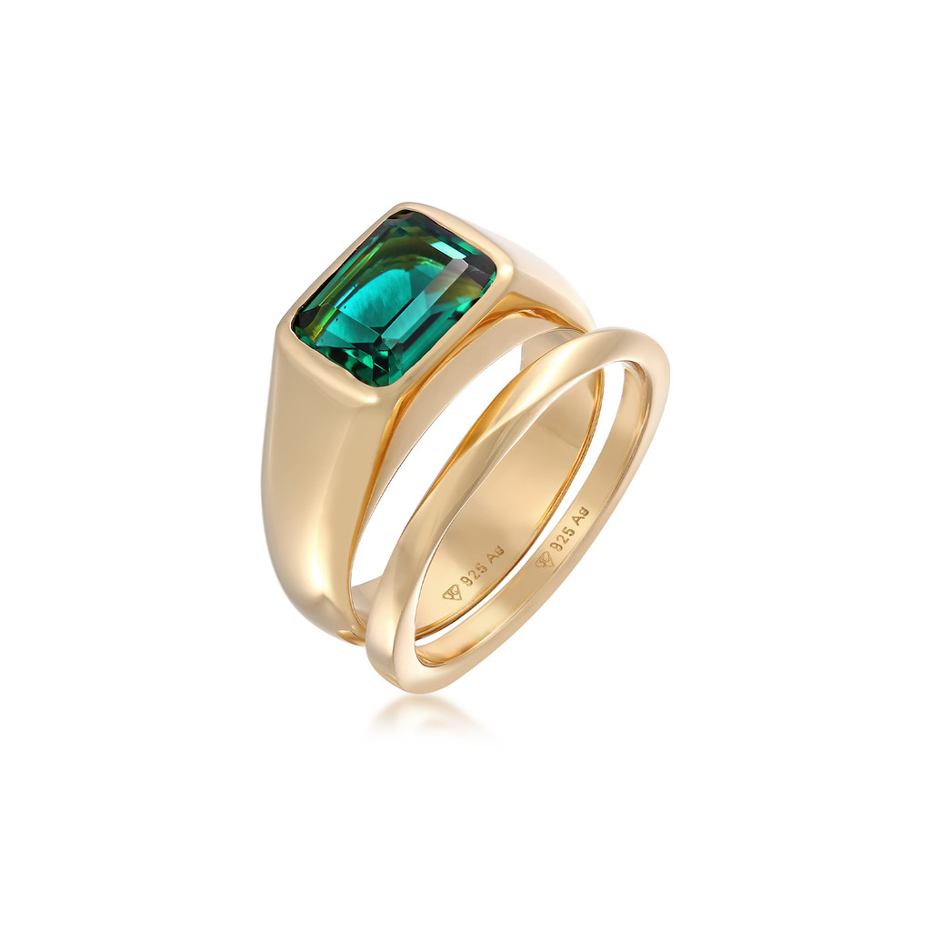 Elli Jewelry Cincin Perhiasan Perak 925 Wanita Signet Classic Set Of 2 Quartz Gemstone Gold Plated