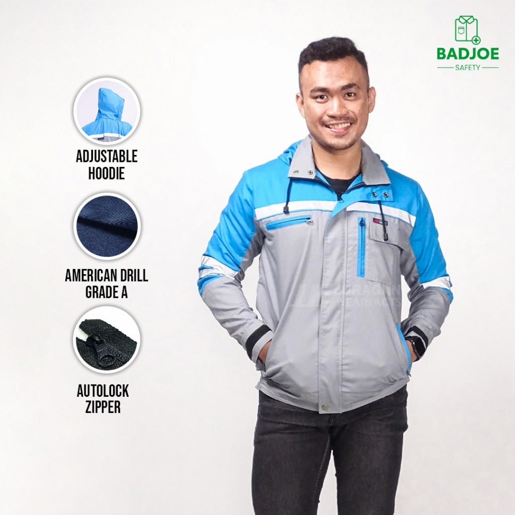 Wearpack Jaket Hoodie Weather Shield Warna Biru Tosca Kombinasi Abu-abu