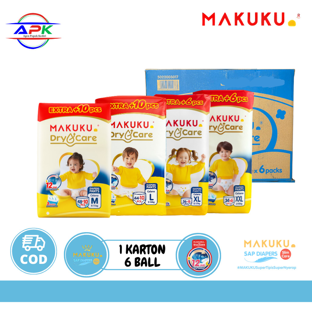 MAKUKU Dry Care Pants M48+10 L44+10 XL36+6 XXL34+6 1 Karton / 1 Dus isi Popok Bayi Celana