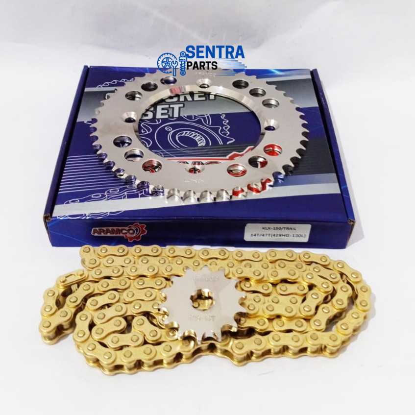 GEAR PAKET BAJA CHROME KLX 150 14/47T (428HG-130L) GIRSET CROM SPROCKET RANTAI GOLD ARAMCO