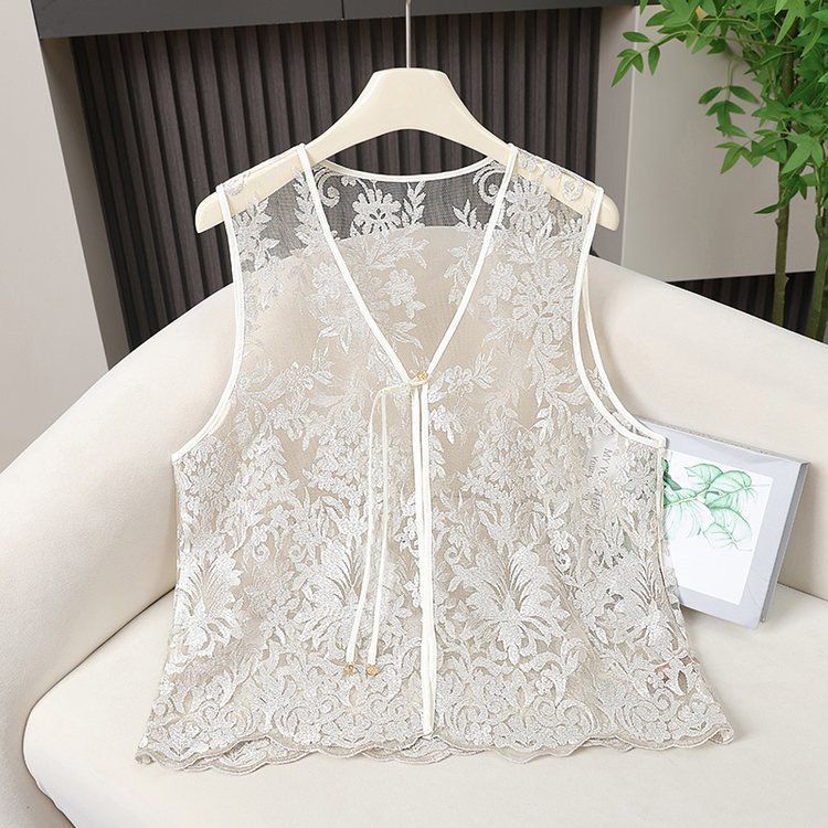 Jaket rompi wanita vintage dengan bordir, atasan rompi tanpa lengan.