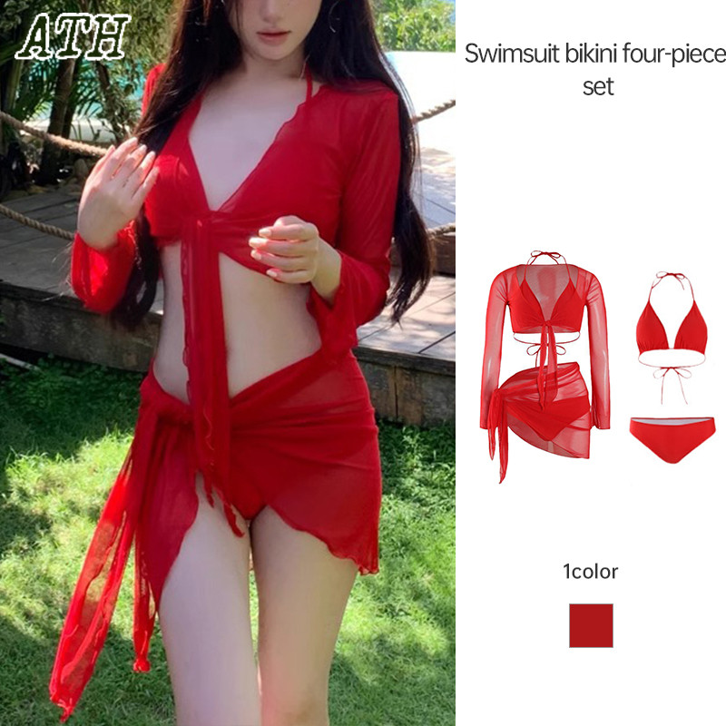 Set Bikini Seksi 4 Potong, Baju Renang Merah Pemutih, Baju Renang Liburan Hot Spring untuk Gadis Sek