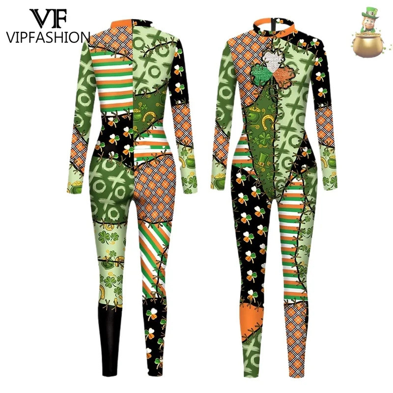 VIP FASHION Leprechaun Cosplay Costume Irish Festival Sexy Zentai Bodysuit Green Couple Party Jumpsu