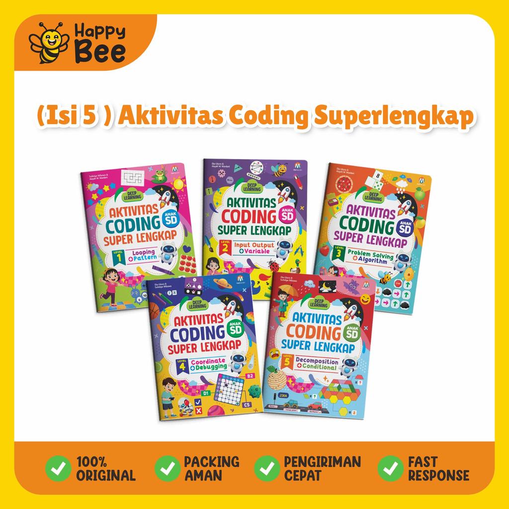 Happy Bee - Isi 5 Buku Aktivitas Coding Superlengkap  Buku Coding Untuk Anak SD  Coding - Buku Anak