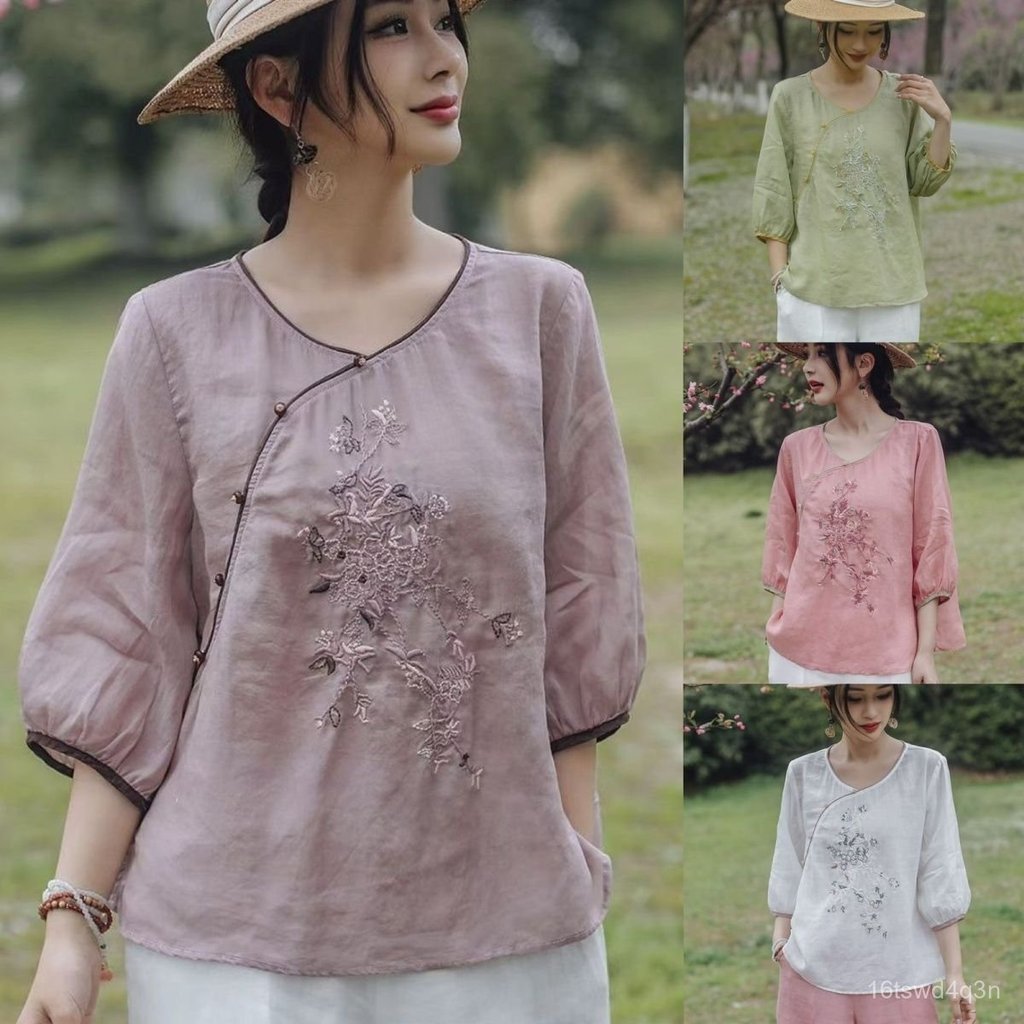 Blus Wanita Vintage Artistik Longgar Kancing Bordir Katun Linen