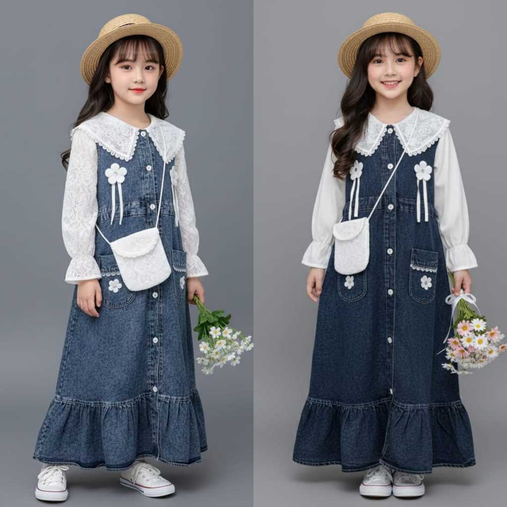 kenjirostore Setelan Gamis Denim Kargo Anak Perempuan Kualitas Butik Impor
