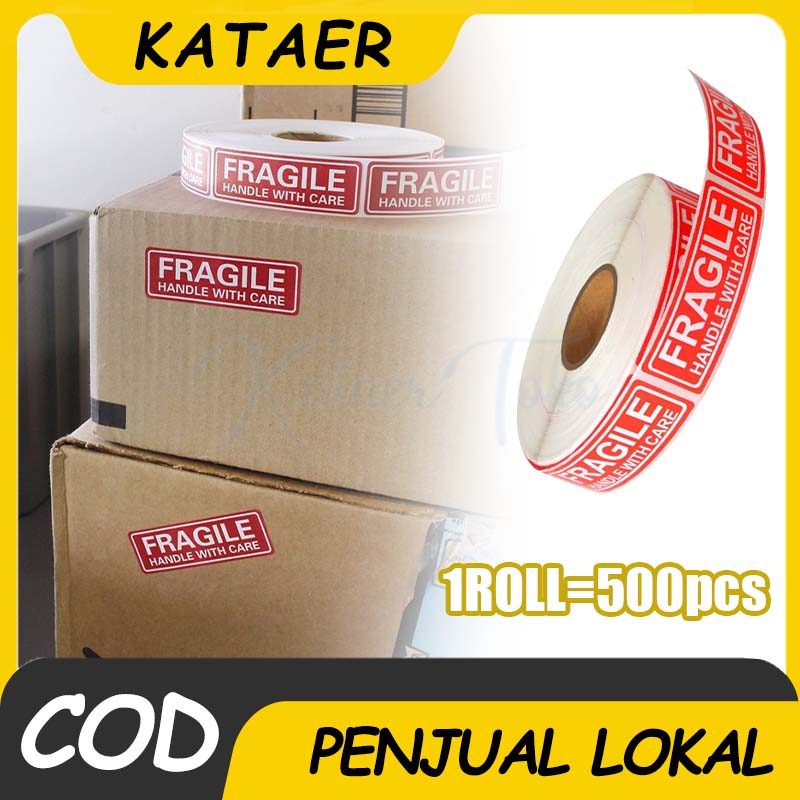500pcs Stiker Awas Pecah Fragile Label Pengiriman 7.5x2.5cm untuk Olshop Kemasan dan Makanan Hati-Ha