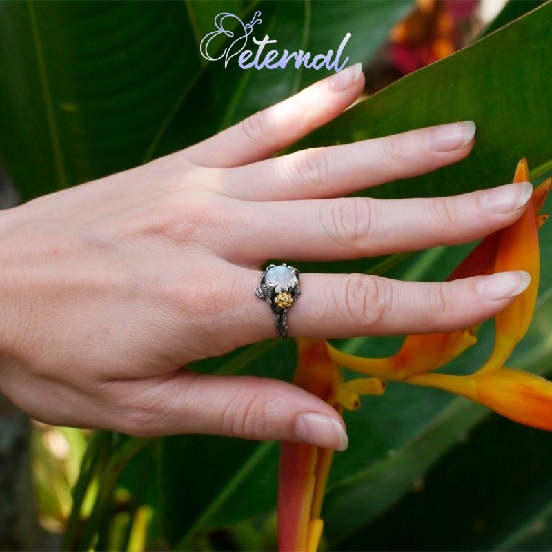 Eternal Cincin Daun Pohon Pemisah Warna Emas Mawar Batu Bulan Sintetis Hitam Perak Thailand