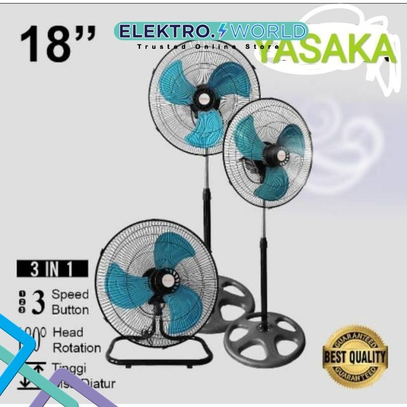 Yasaka 1808 Kipas Angin 18 Inch 3in1 Desk Fan Wall Fan Stand Fan Besi