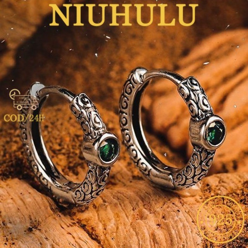 Anting Zirkonia Hijau Arabesque Hitam Perak Thailand Antik 925