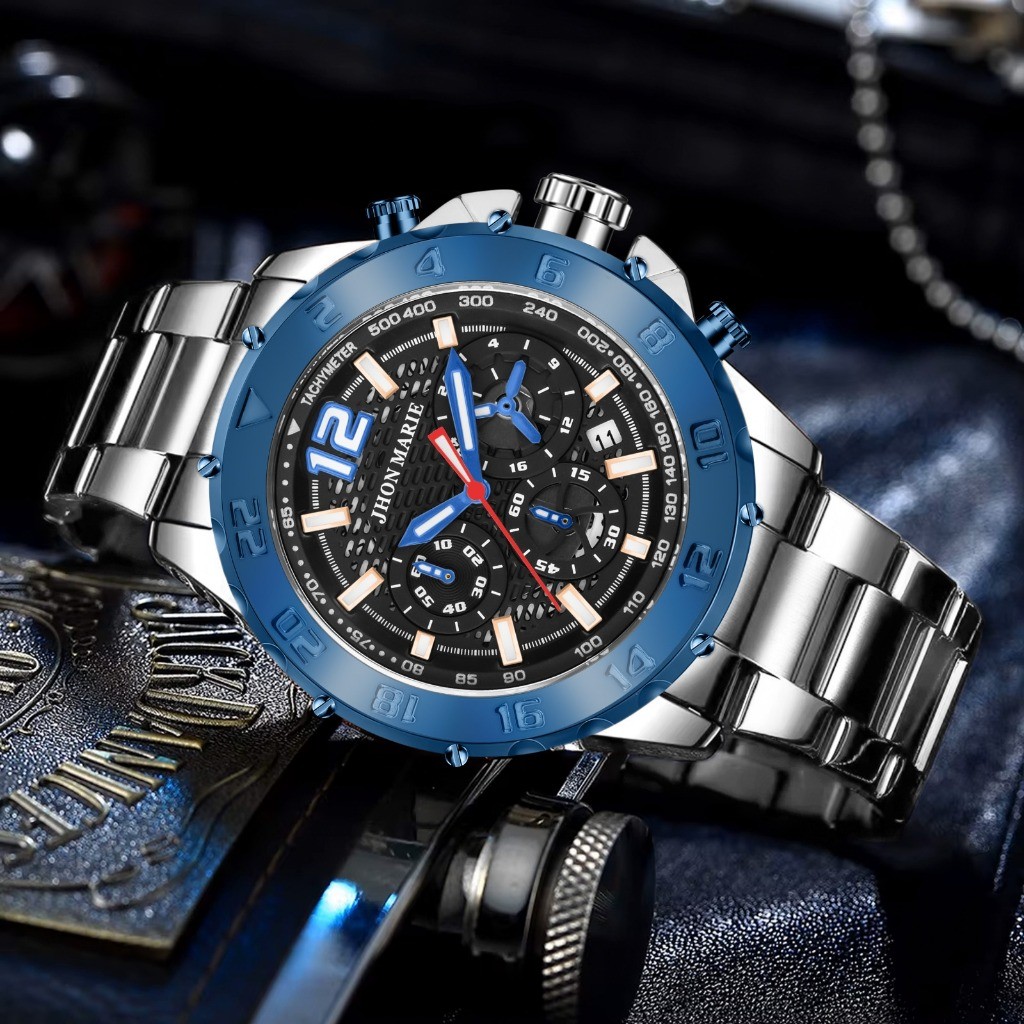 Jam Tangan Pria Jhon Marie 9507 Chrono Stainless Steel Original Blue Saffier Bergaransi 12 Bulan