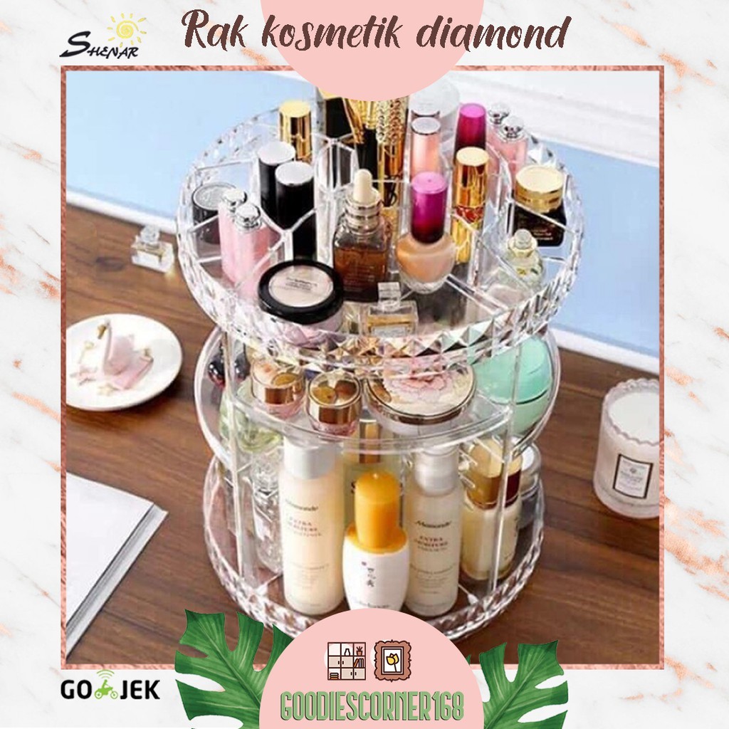 V GLOW - TEMPAT MAKE-UP ACRYLIC DIAMOND 4 SEKAT/ SKINCARE RAK KOSMETIK PUTAR 360 DERAJAT