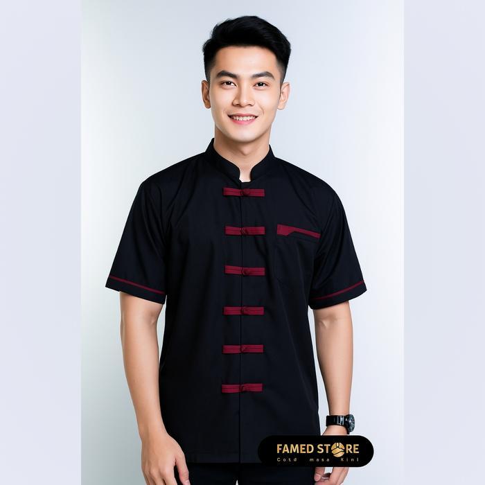 Famedstore Baju Koko Muslim Cheong Sam Pria Lengan Pendek Kemeja Cina Maroon V2 - Hitam V2, M