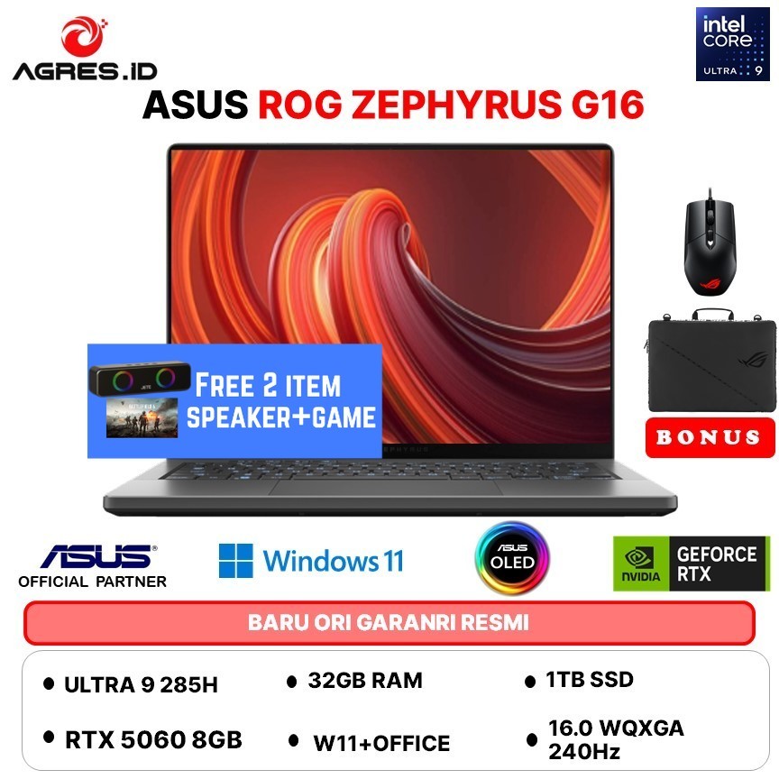 ASUS ROG ZEPHYRUS G16 OLED ULTRA 9 285H RTX5060 32GB 1TB W11+OHS+M365B 16.0WQXGA 240HZ GU605CM