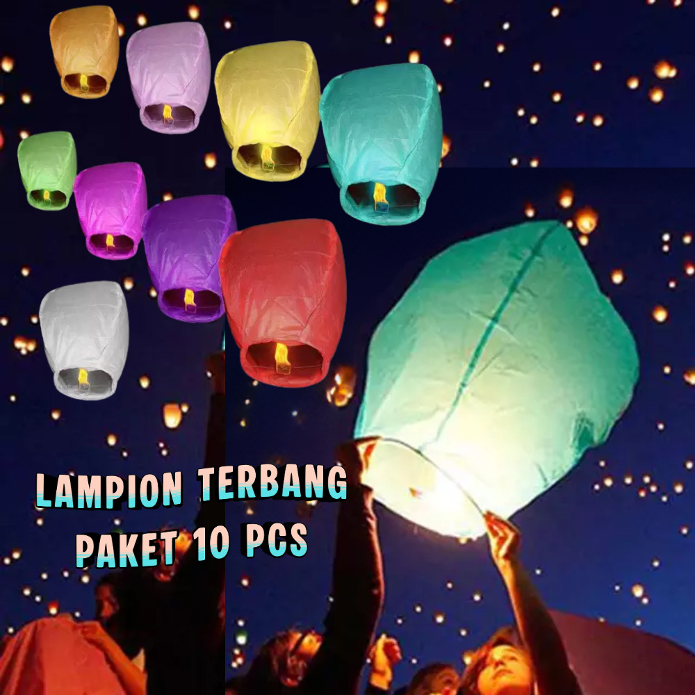 Paket Lentera Lampion Terbang 10 Pcs Flying Sky Lantern Wishing Light Bonus Lilin Parafin Warna Warn