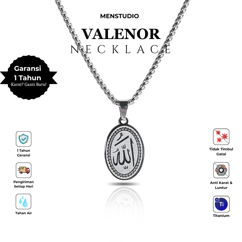 MENSTUDIO - Kalung Liontin Lafadz Allah Pria Wanita Anti Karat, Titanium, Jewelry, Silver, Mewah, El