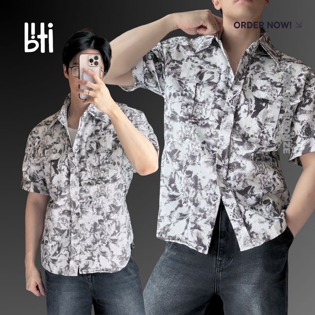 BITI Mono Work Shirt | Kemeja Pria Motif Abstrak Lengan Pendek 2 Saku Original