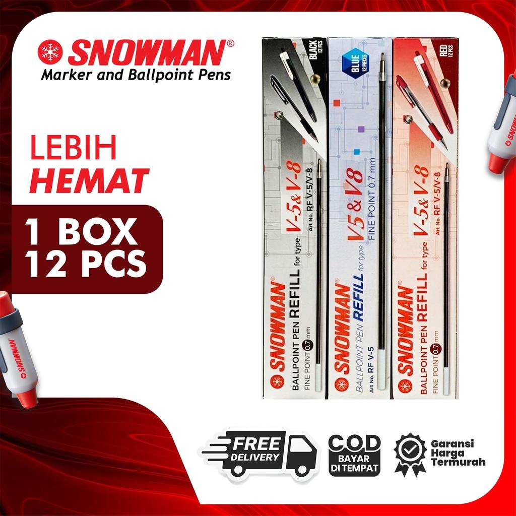 LUSINAN Snowman Refill Pulpen V5 0.7mm Black, Blue, & Red