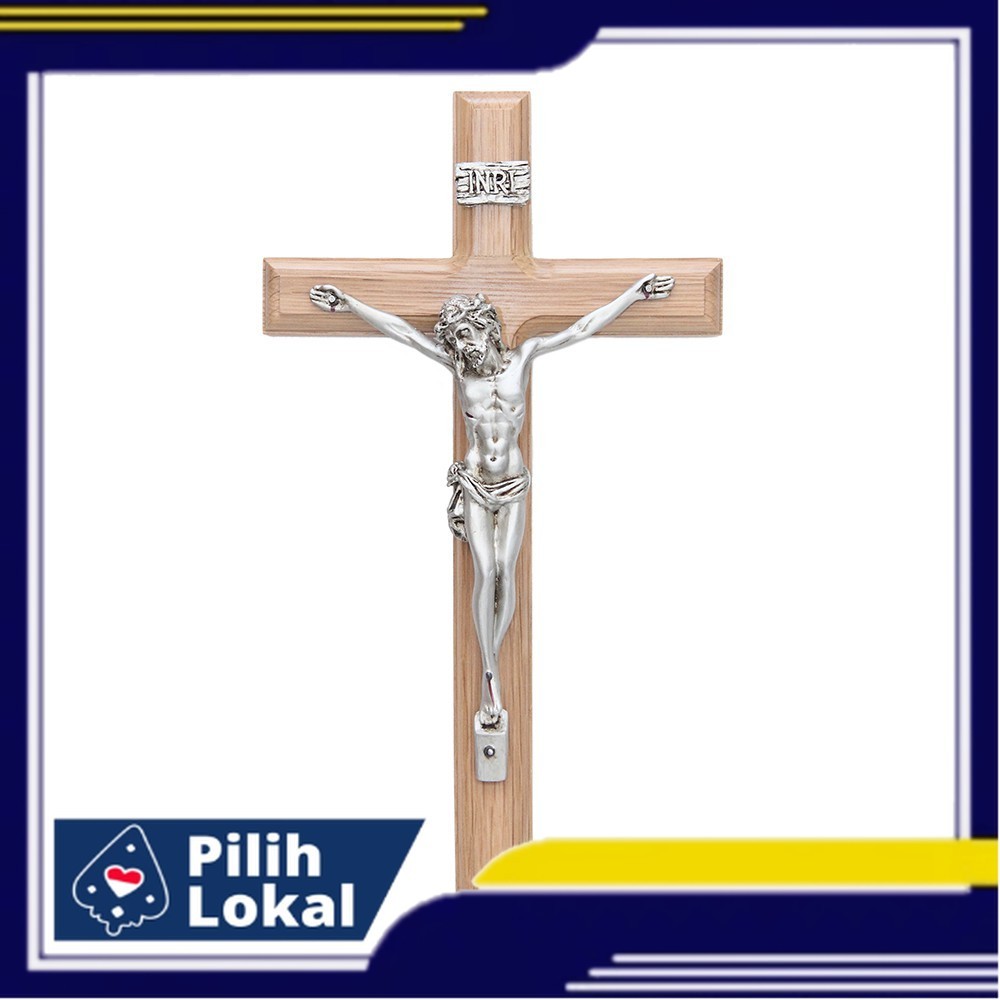 Salib Gantung Katolik Premium White Oak Impor Silver 32cm/Pajangan Salib Dinding/Salib Katolik