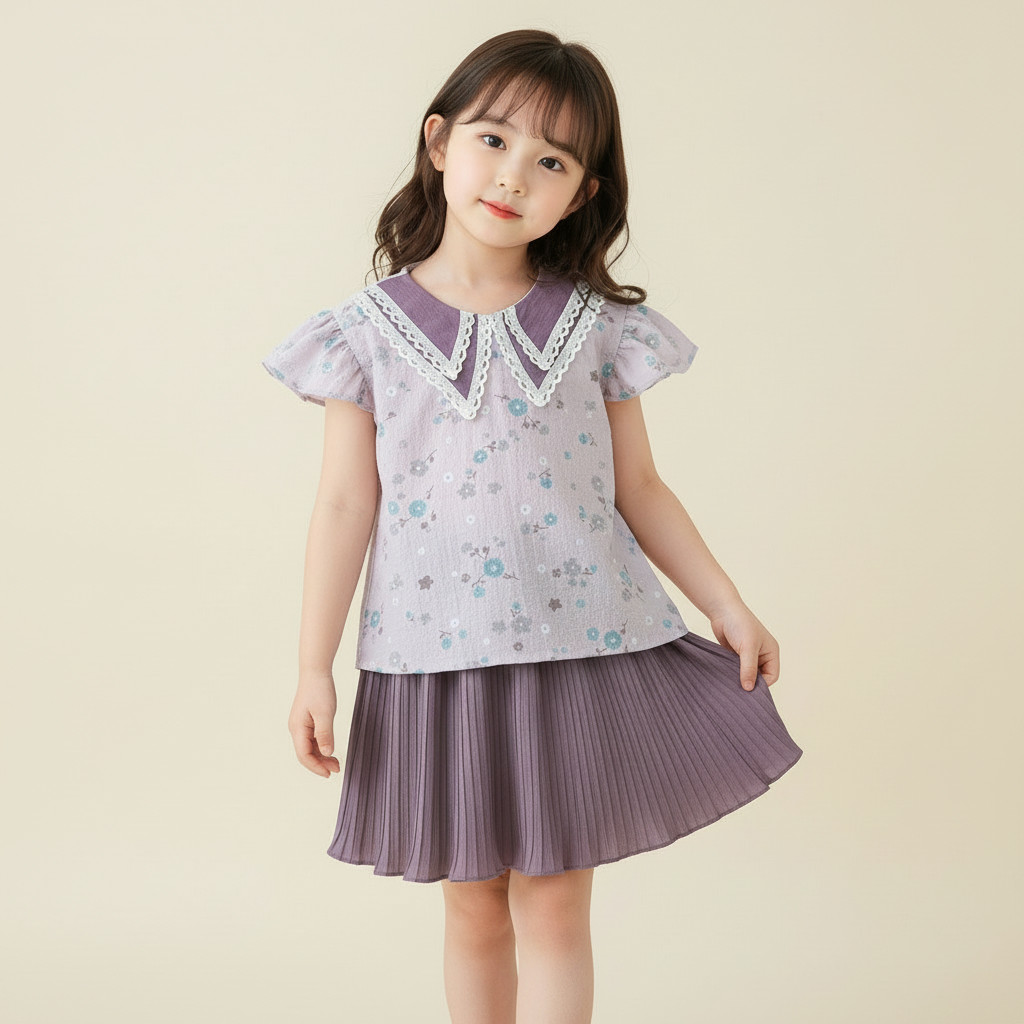 Setelan Baju Anak Perempuan Motif Bunga Blouse + Rok Plisket 2-5 Tahun SetALUNA