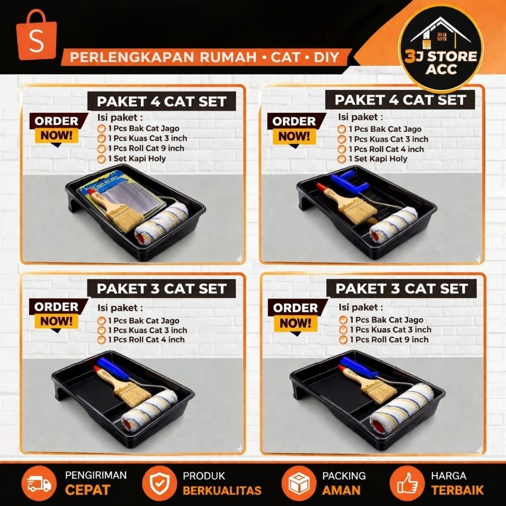Paket Set Peralatan Cat Tembok Lengkap Bak Cat Kuas dan Roll Cat Kualitas Premium (sinar acc)