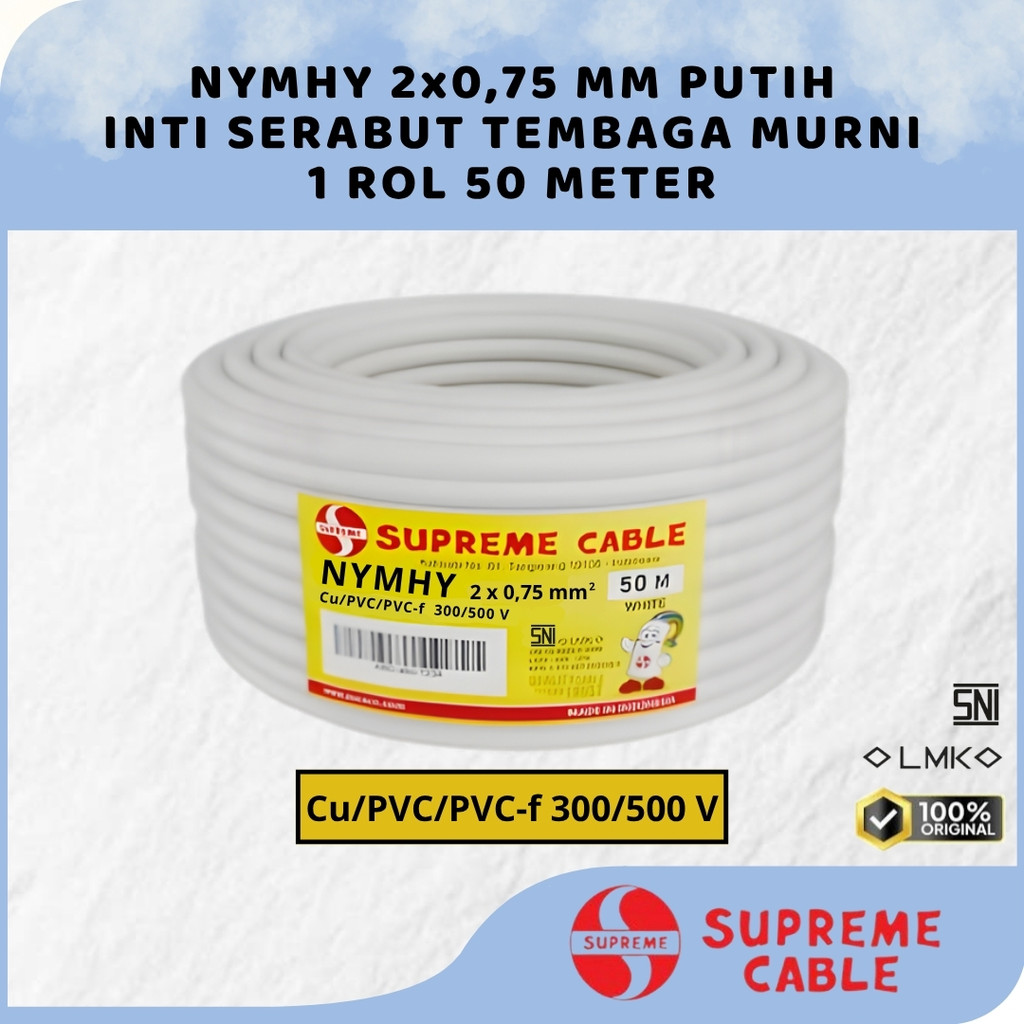 KABEL SUPREME NYMHY 2X0.75 MM PUTIH ( 1 ROL 50M ) / KABEL LISTRIK INTI SERABUT TEMBAGA MURNI / SUPRE