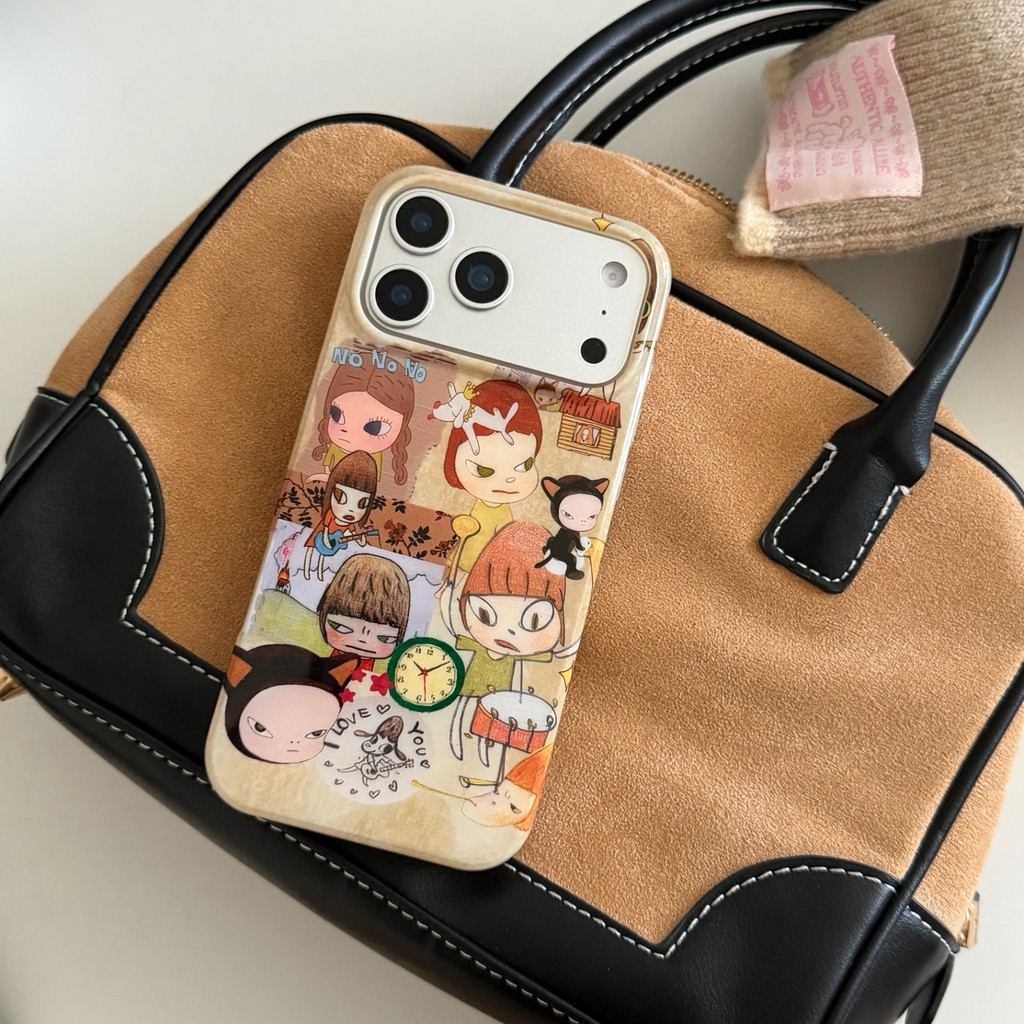 Lovely Double Layer Clock Yoshitomo Nara Design Case For iPhone 15 14 16 17 Pro Max Trending Cartoon