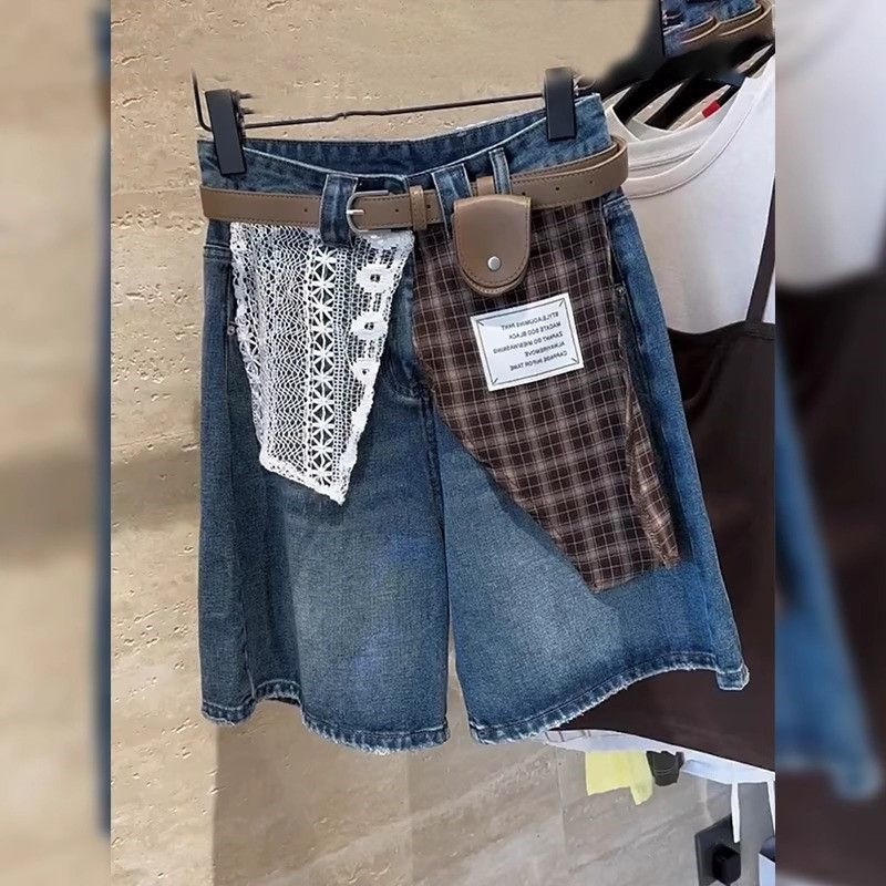 Crunchy Brulee Celana Pendek Jeans Wanita Motif Kotak Renda Retro Tinggi Pinggang Lima Perinci Lebar