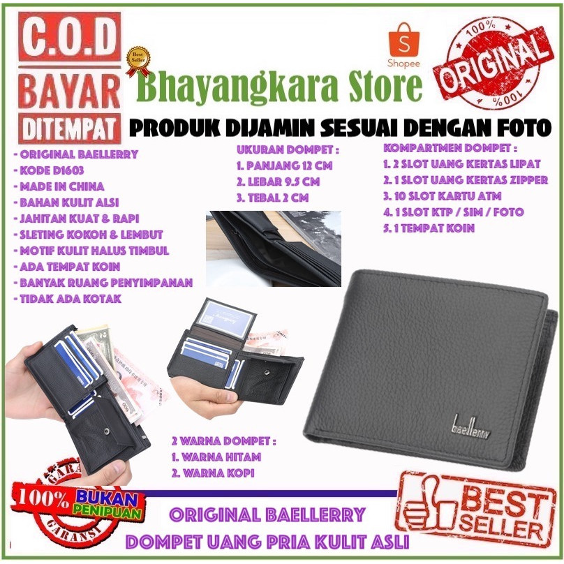 Bayar di Tempat  Baellerry D1603 Dompet Uang Lipat Tebal Pria Wanita Bahan Asli Kulit Jeruk Kilat Le