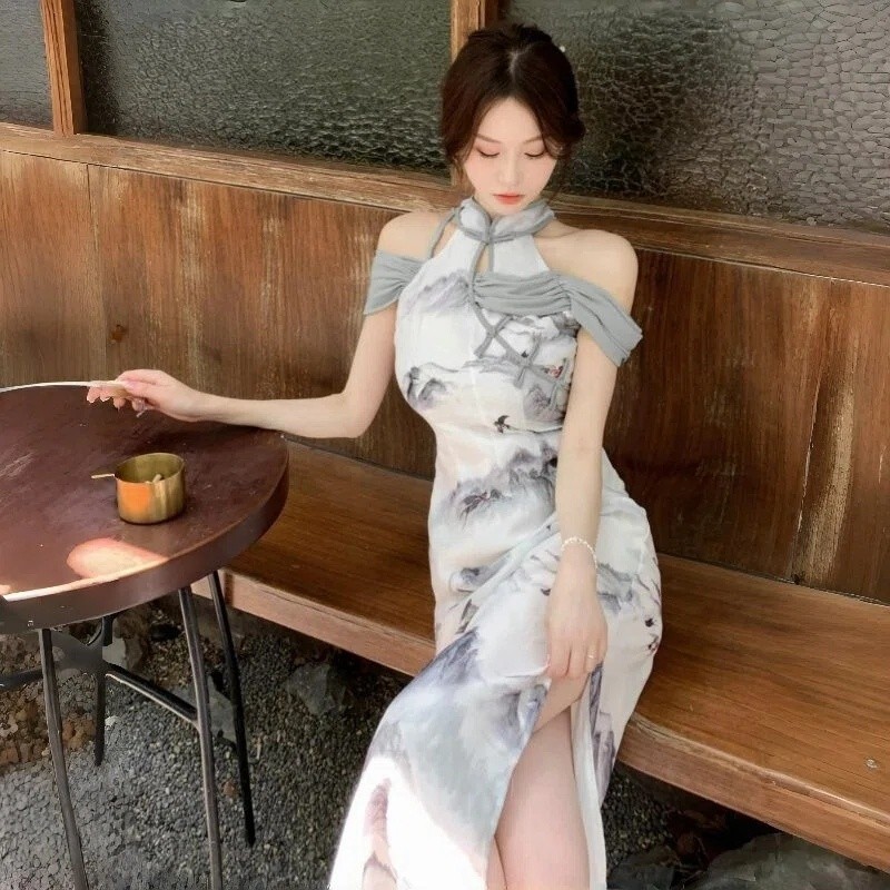 Dress Qipao Wanita New Chinese Style Motif Lukisan Gunung Halter Slim Fit Elegan Sexy Dress Panjang