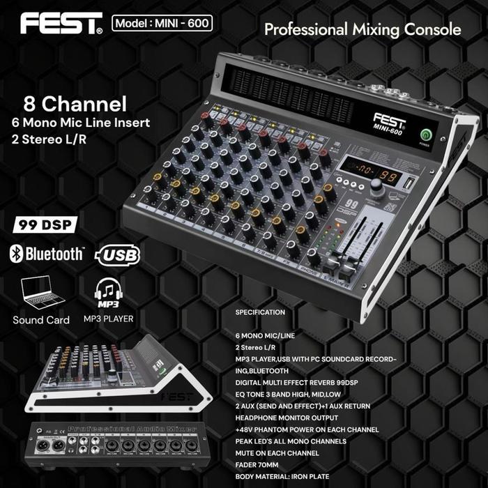 Mixer Audio FEST MINI-600 8 Channel Bluetooth USB Soundcard 99 DSP Reverb mini600