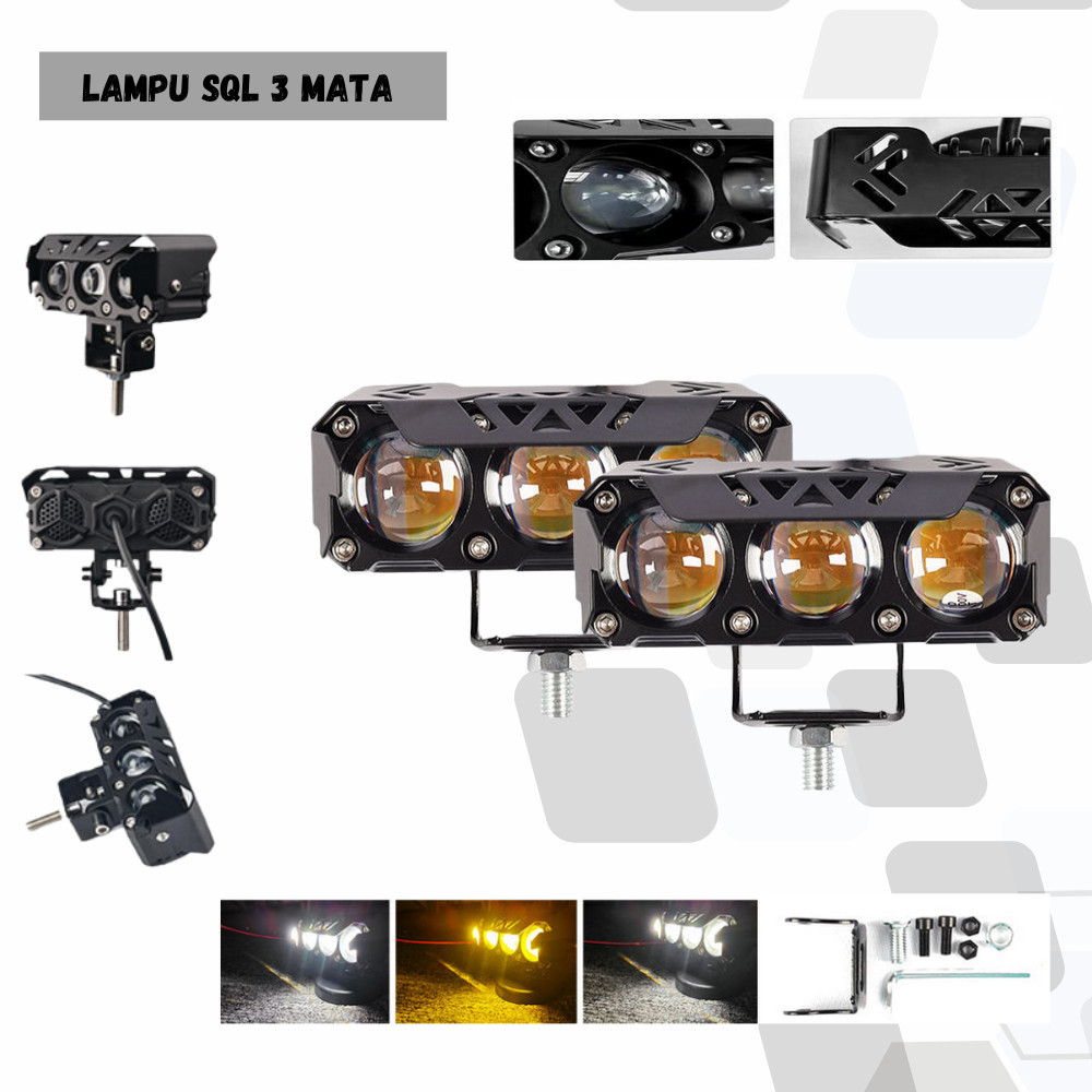 LAMPU TEMBAK LASER LED 3 MATA ALUMUNIUM PUTIH KUNING 12-24 VOLT