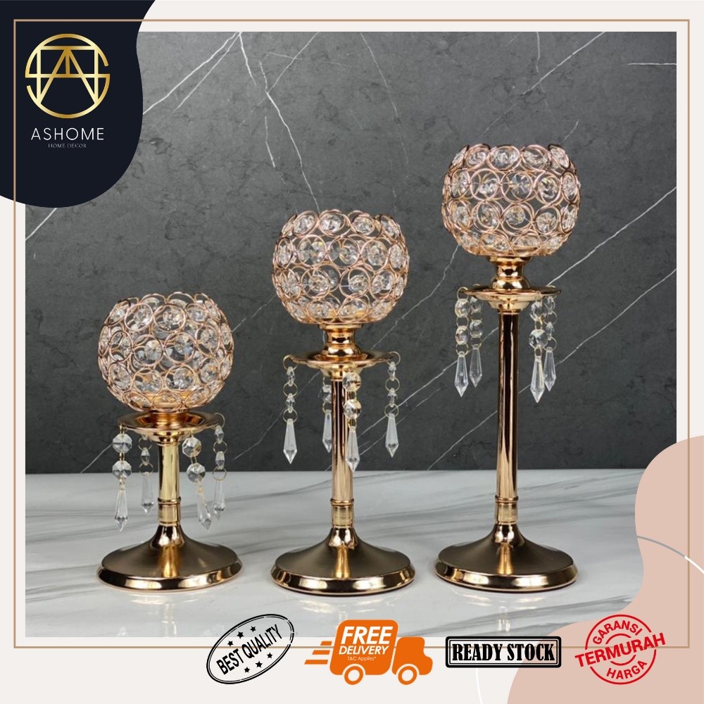 RoyalHuis Tempat Lilin Set Isi 3 Kristal Bulat Dengan Gantungan Kristal / Set Tempat Lilin Kristal D