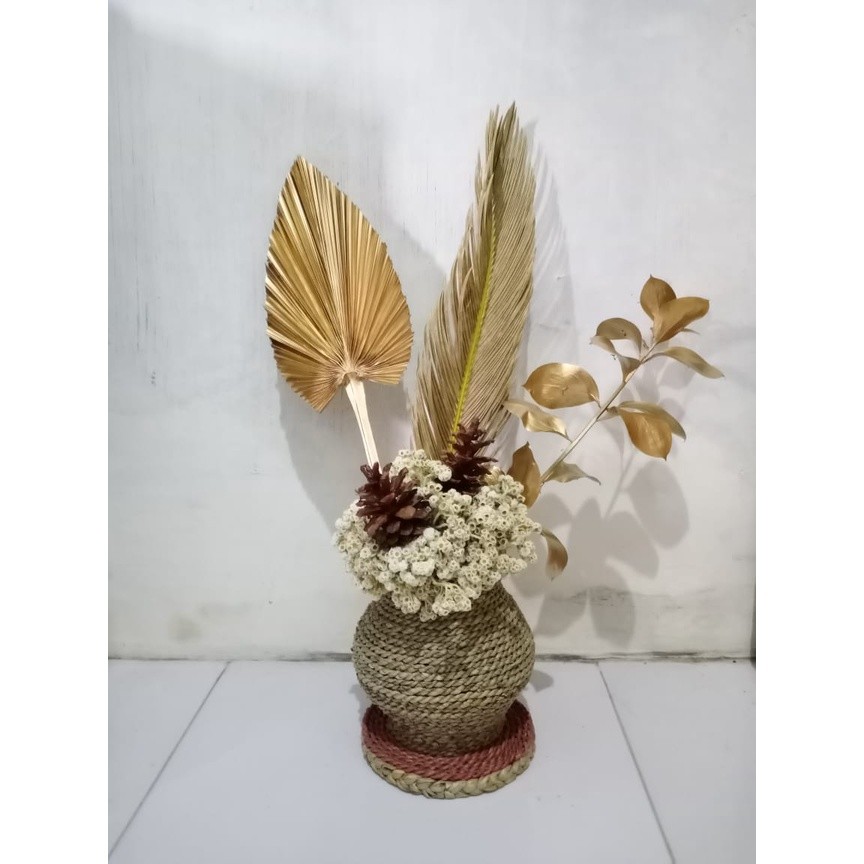 Daun Palem+Pot Guci+Bunga Kering Aesthetic/Dekorasi rustic