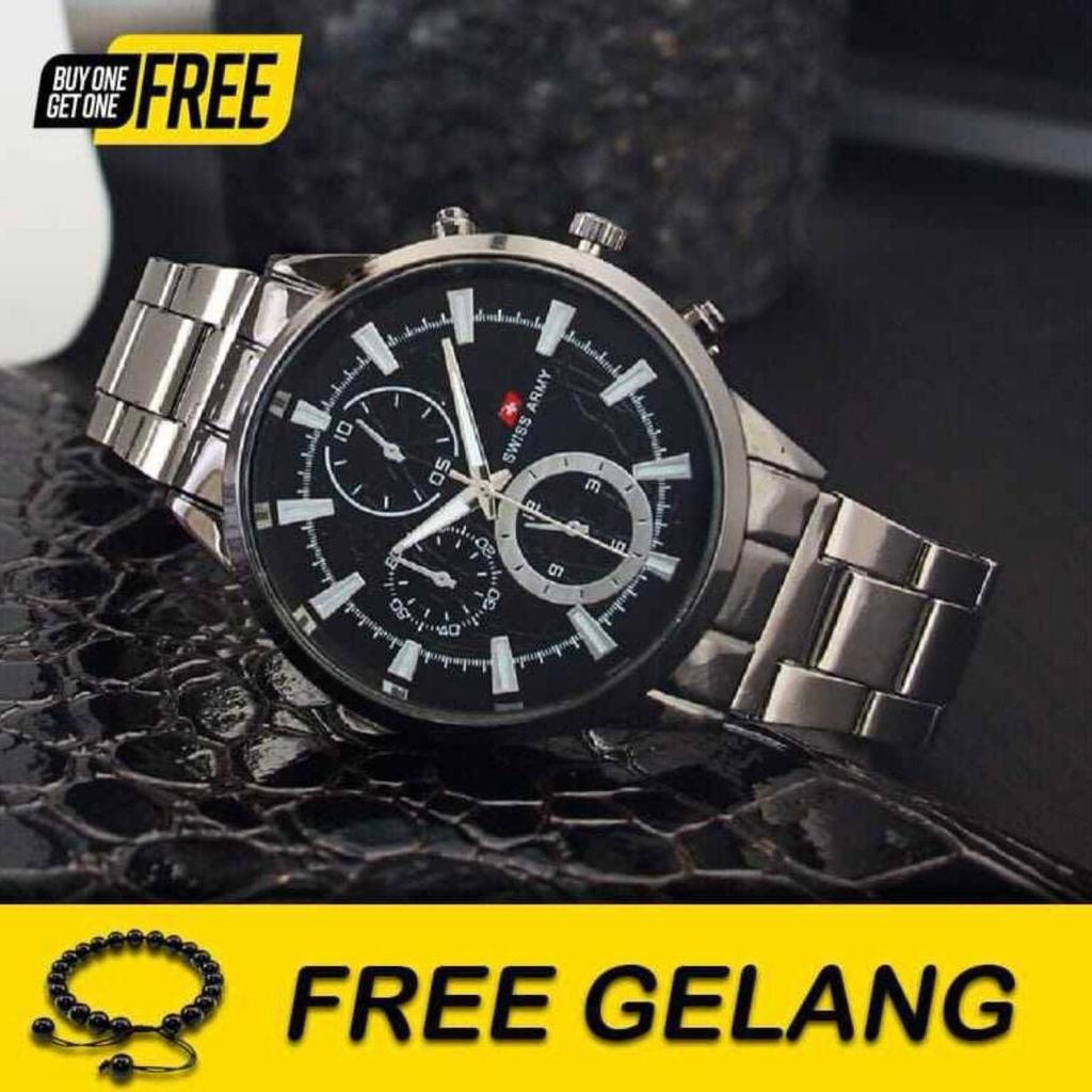BEST SELLER -  JAM TANGAN SWISS ARMY PRIA STRAP RANTAI ANTI KARAT ANTI AIR BONUS GELANG TERLARIS Wat