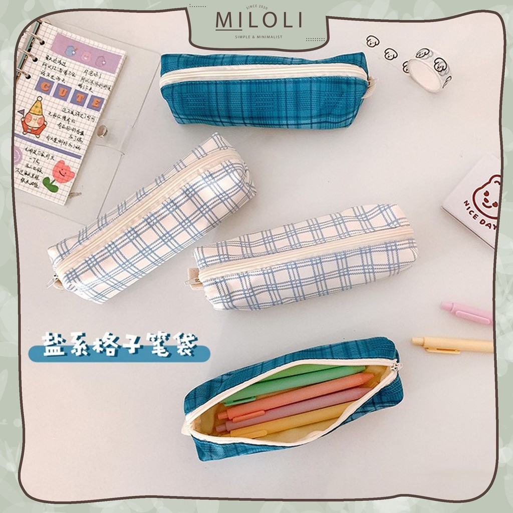 TERLARIS [MILOLI] Tempat Pensil Kotak-Kotak Plaid Pencil Case Korean Style - F0056