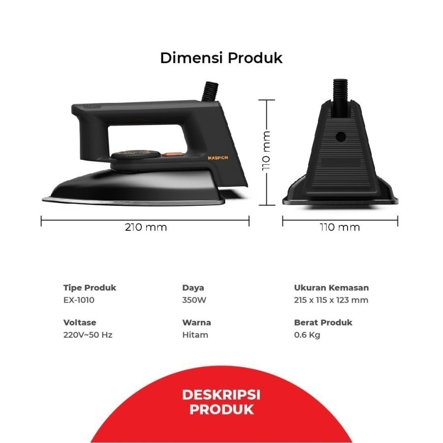 MASPION SETRIKA EX 1010 HITAM SETRIKA LISTRIK/EX1010/EX-1010/EX1010HITAM/SETRIKA ORIGINAL GARANSI