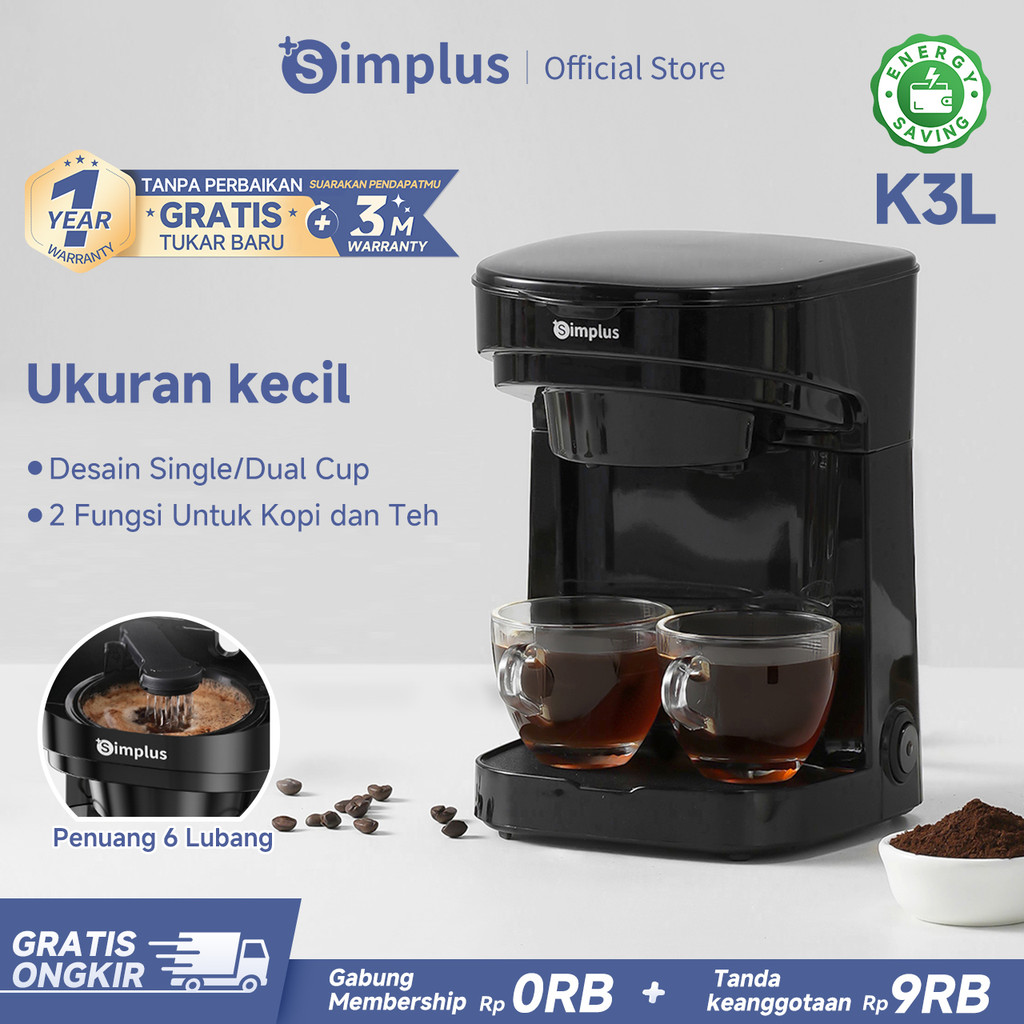 Simplus Mesin Kopi Rumahan Mesin Kopi Filter Satu Tombol Dual Cups Bahan Kokoh Multifungsi untuk Sed