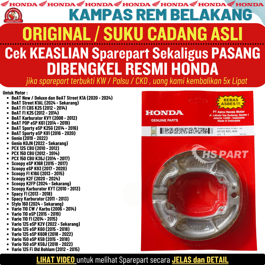 Kampas Rem Belakang Tromol Vario 125 150 Fi Old Led New Vario 160 Original Honda 100%