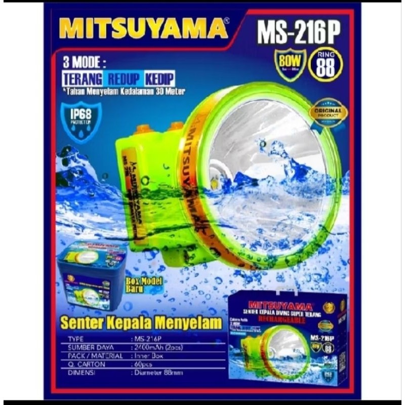 TERMURA COD MITSUYAMA DIVING HEADLAMP / SENTER KEPALA SELAM MITSUYAMA MS 216  80 WATT / 100 WATT