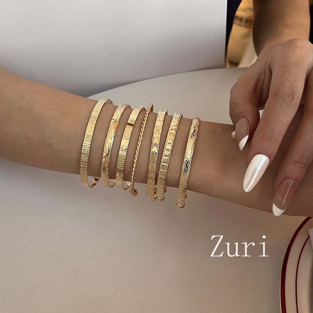 [Zuri] Gelang Tangan Wanita Set 7 Emas Mewah Motif Garis Huruf Anti Karat L126