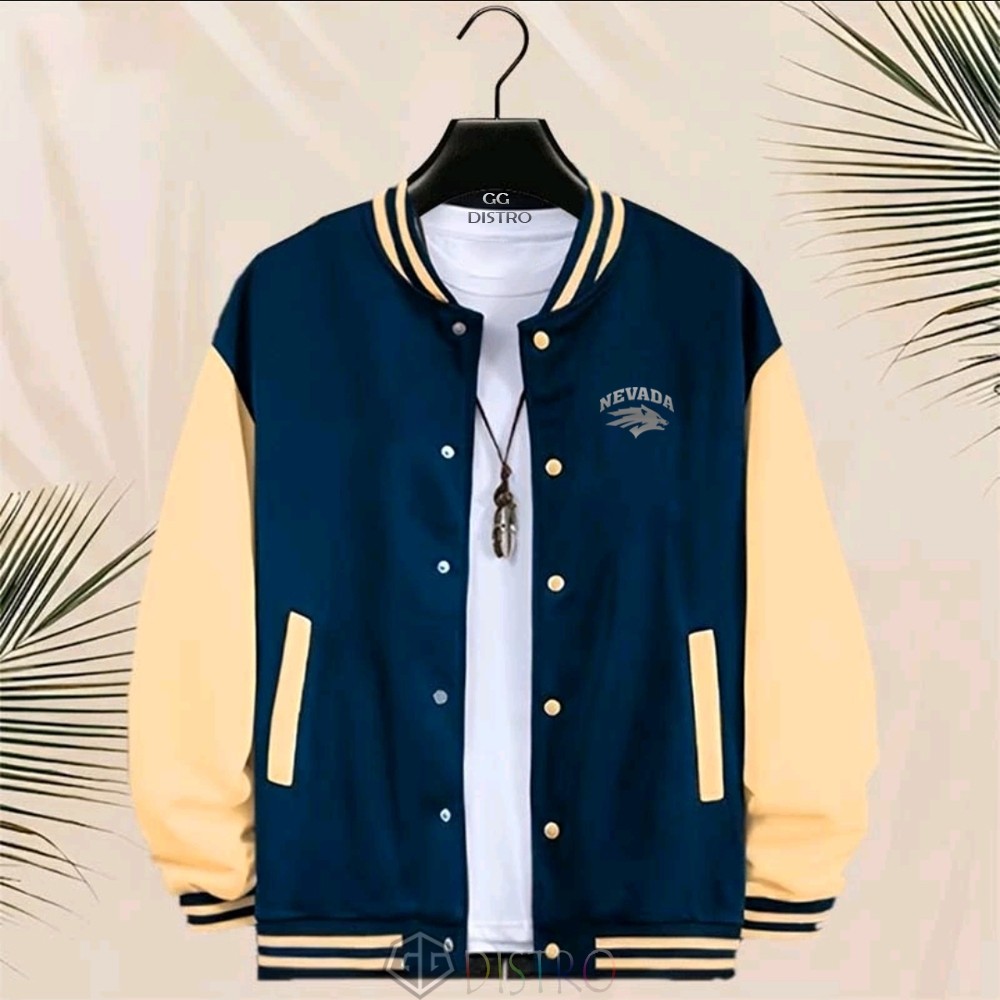 LIFESTORY - Jacket Unisex Baseball Kancing Jacket Varsity Nevada Motif Grey Jacket Pria Viral Print