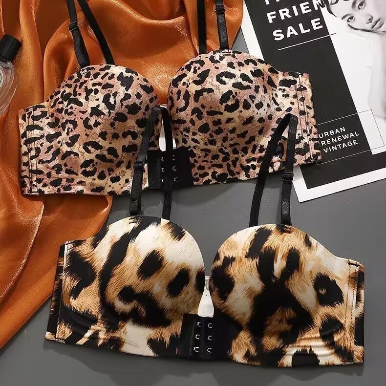 Bra tanpa jahitan, push-up motif leopard, tanpa kawat, bernapas, dengan pengait tersembunyi untuk pa