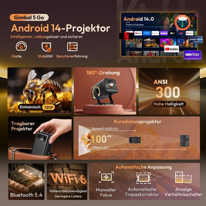 XGODY Gimbal 5 GO Smart Proyektor LCD - Android 14 - 720P - Built-in Speaker - Netflix - YouTube - 3