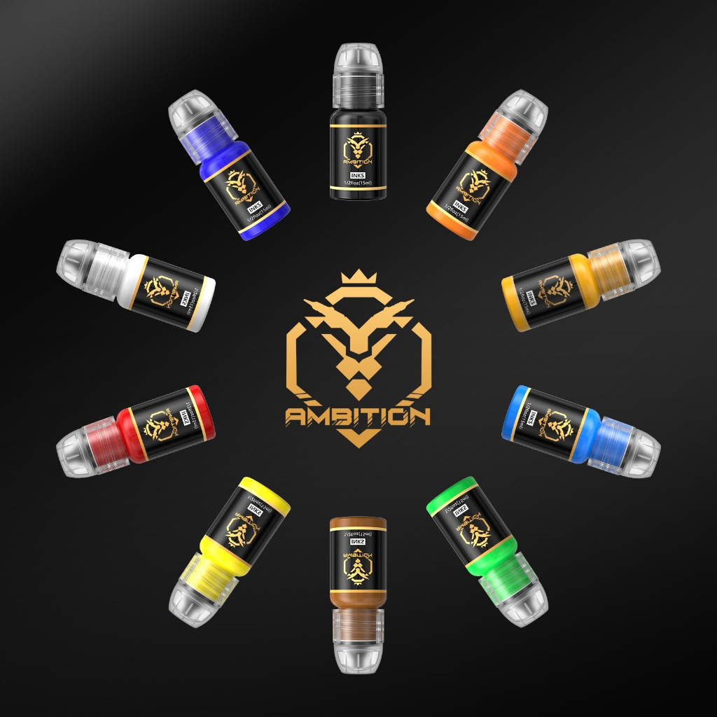 Ambition Kit Tinta Tato 10 Botol Campuran 1/2 oz(15ml) Warna Set Pigmen Profesional untuk Pemula dan