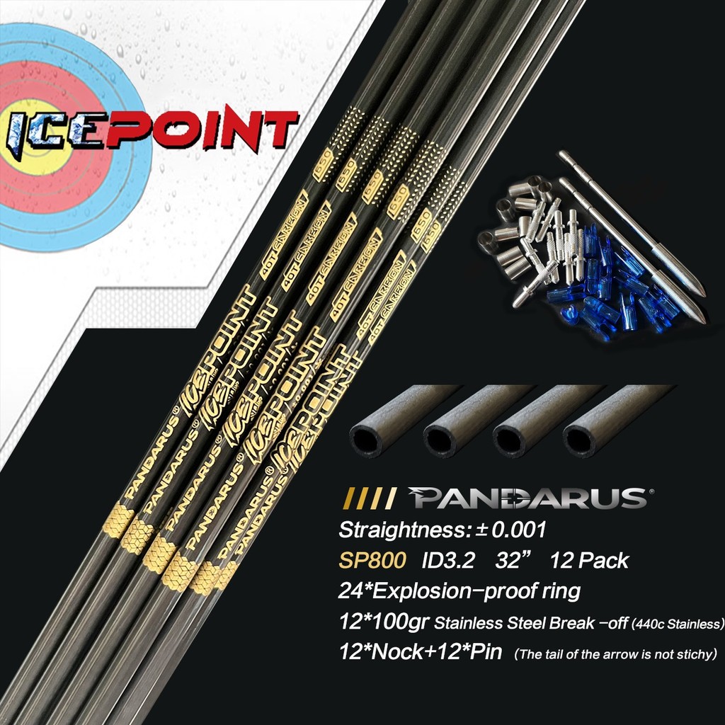12Pcs Pandarus Icepoint ID32mm Gold Logo 40Ton Carbon Arrow Shaft Spine3501000 with Accessories for 