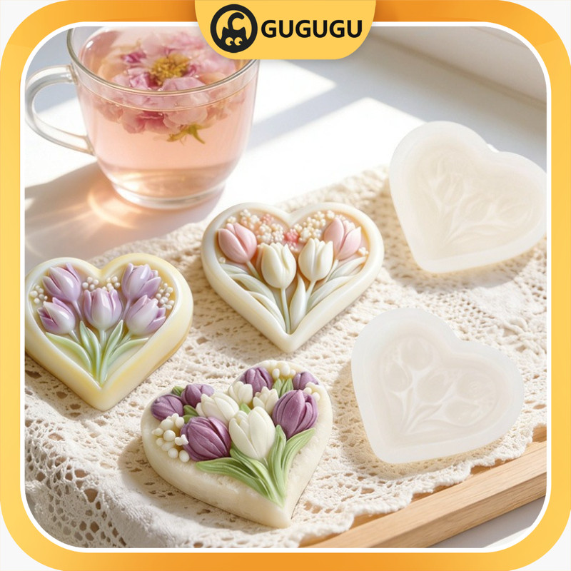 Ready-Cetakan Silikon Bunga Tulip Berbentuk Hati / Cetakan Silikon DIY untuk Lilin, Gips, dan Sabun 