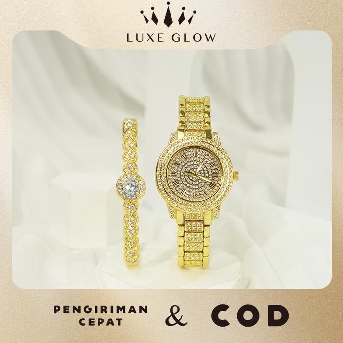 LuxeGlow COD Warna Emas Berkilauan Jam Tangan KoreaElegan Jam Tangan Wanita AnggunOriginal Tali Rant