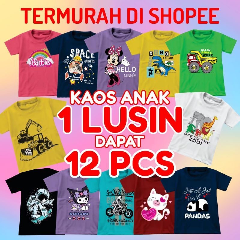 ZARISHOP.ID Kaos Anak 1 Lusin 12 Pcs Baju Anak Laki-Laki Perempuan