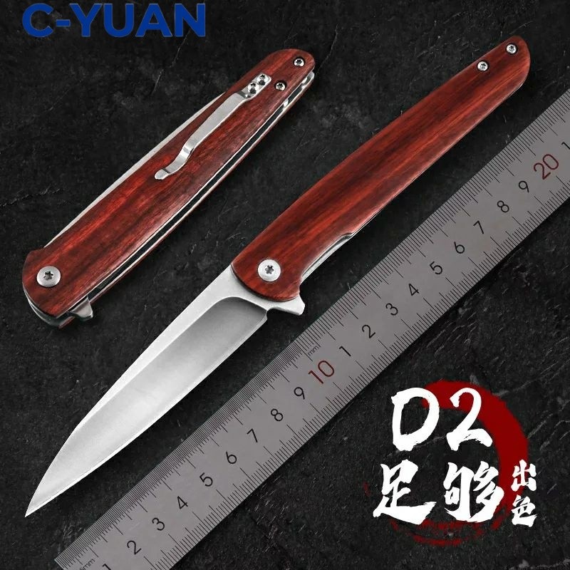 Folding Knife D2 Sandalwood Handle Pisau Lipat Outdoor Bushcraft EDC Survival Tajam